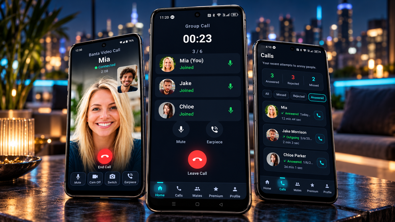 Banta voice, video and group calling screens